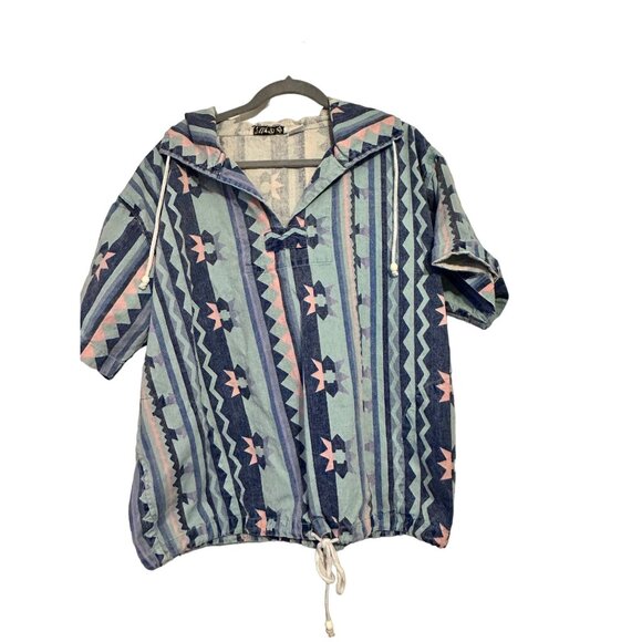 Vintage Quizz Hooded Aztec Pullover Shirt Large 1980s 100% Cotton Unisex Drawstr - Picture 3 of 8